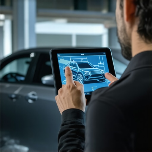 Technician with AR glasses performing vehicle diagnostics