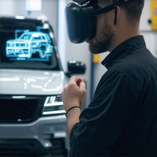 AR Diagnostic in Automotive Workshop Technician diagnosing vehicle with augmented reality headset in workshop