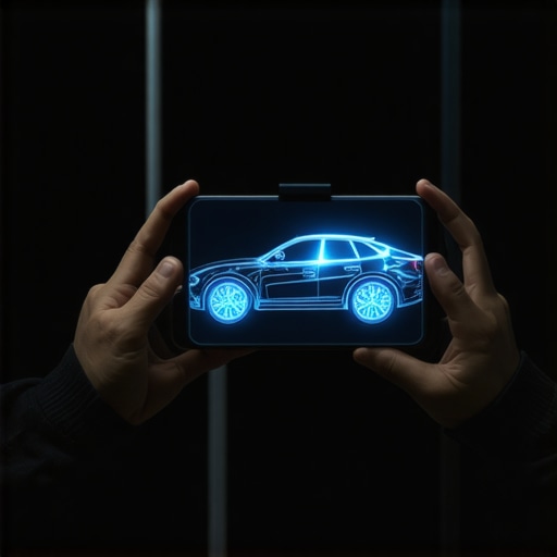 AR Diagnostics Interface in Automotive Repair Technician employing augmented reality to visualize vehicle diagnostic data on car engine