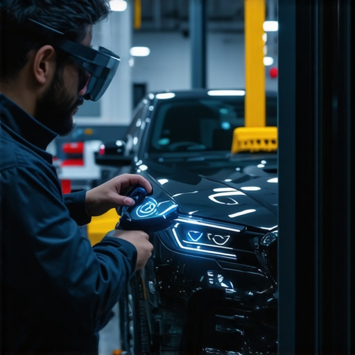 Technicians utilizing augmented reality glasses for vehicle diagnostics in a high-tech auto repair shop