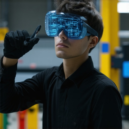 Technician wearing AR glasses diagnosing car engine with digital overlays in workshop