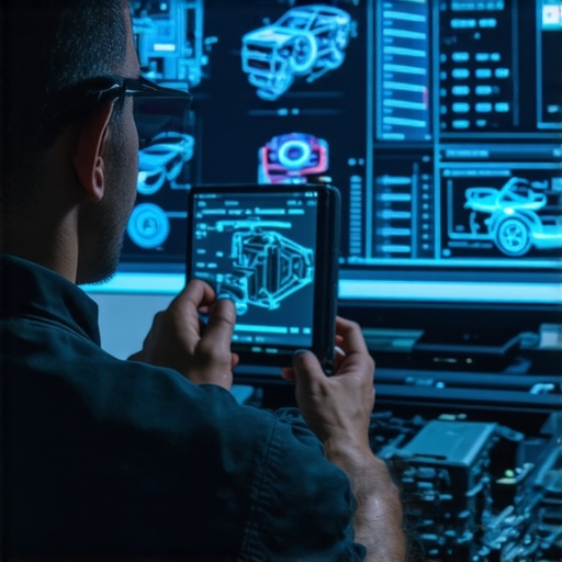 Technician using augmented reality glasses to visualize engine diagnostics