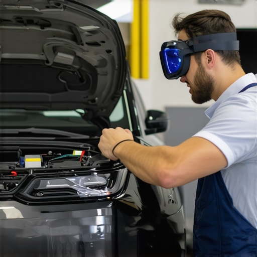 AR-assisted vehicle diagnostics Technician diagnosing vehicle electrical system with augmented reality headset