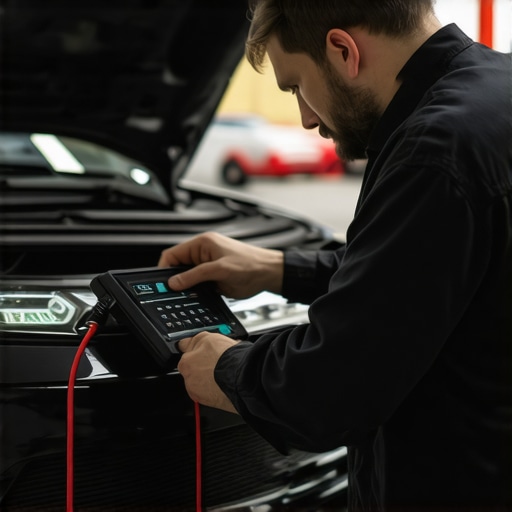 Advanced vehicle diagnostic tools in automotive repair Mechanic using high-tech diagnostic equipment in a modern auto repair shop