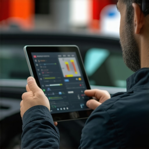 Connected Vehicle Diagnostics Dashboard Technician analyzing digital transmission diagnostics on a tablet