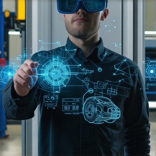 Futuristic AR-Enhanced Auto Repair Technicians using augmented reality glasses for vehicle diagnostics in a modern auto repair shop.