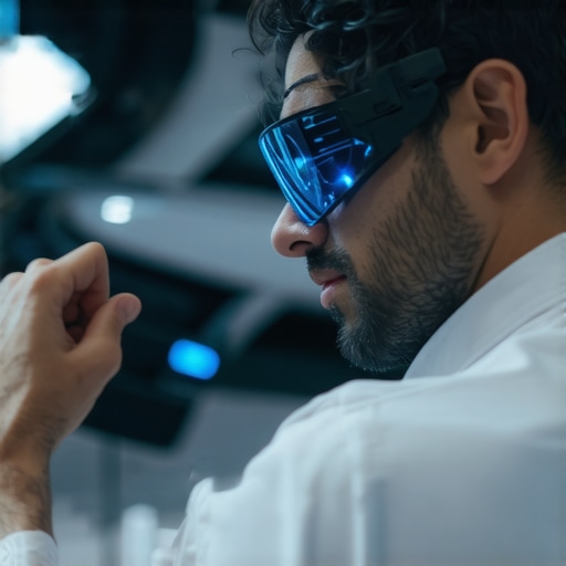 Futuristic Vehicle Diagnostics with AR Technician wearing AR glasses performing vehicle diagnostics in a high-tech repair shop