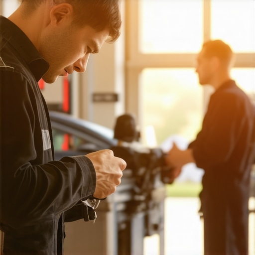 High-Tech Transmission Diagnostics in Modern Workshop Technicians using advanced diagnostic tools for vehicle transmission repair