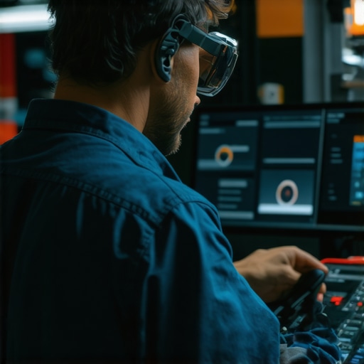 Next-Gen Auto Diagnostics Workshop Technician using augmented reality glasses to diagnose vehicle in modern auto repair shop