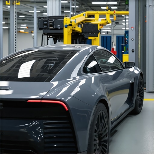 Technicians using AR glasses and digital twin visualization in a modern automotive workshop