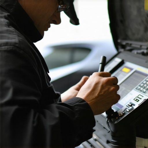 Technician analyzing transmission system with diagnostic equipment