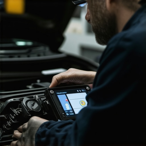 Technician performing high-tech diagnostic on vehicle transmission