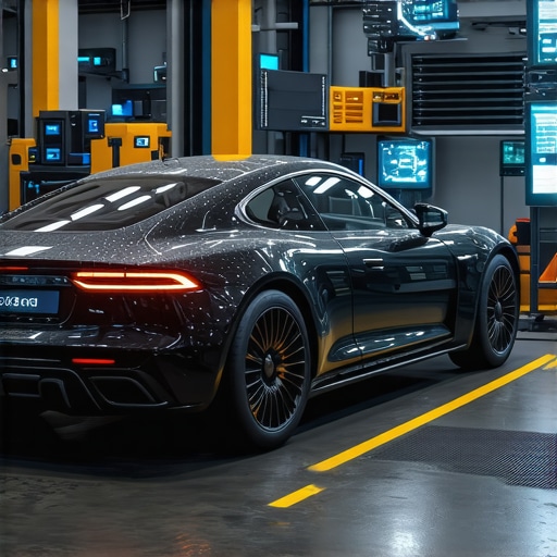 Advanced automotive diagnostic system integrating AI and IoT sensors in a modern repair shop