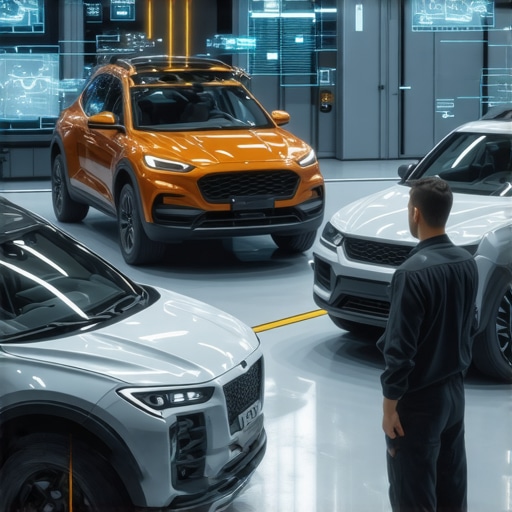 Futuristic auto repair shop with connected devices and technicians using advanced diagnostics