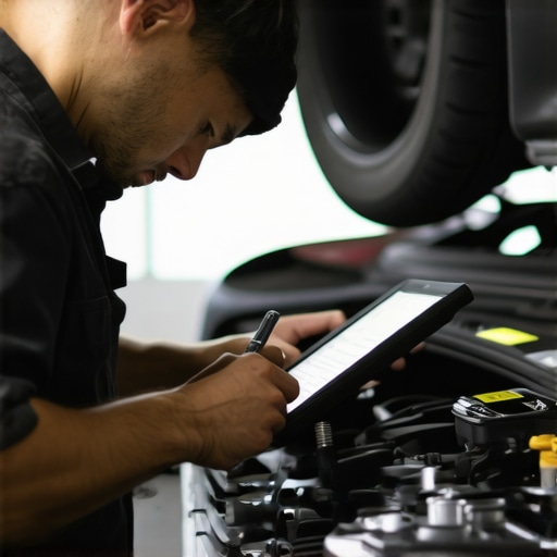 AI-powered transmission diagnostics in automotive repair Technician analyzing transmission data with AI tools in workshop