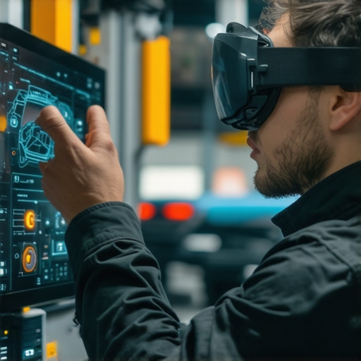 Technician with AR glasses overlaying vehicle diagnostic data in a professional workshop environment