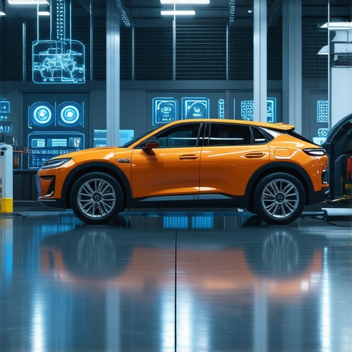 Technician using augmented reality glasses for vehicle diagnostics in a high-tech repair shop