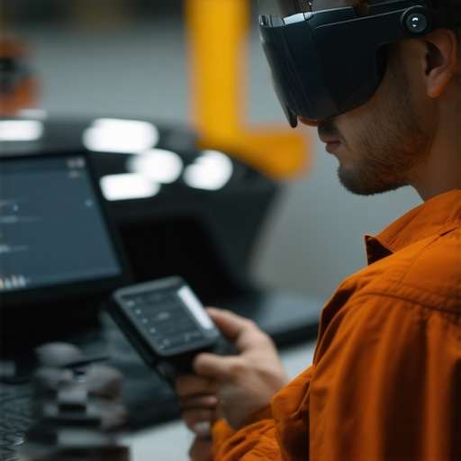 Technician using augmented reality glasses to diagnose a vehicle