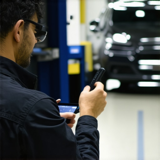 AR-assisted Transmission Repair Technician with AR glasses diagnosing vehicle transmission