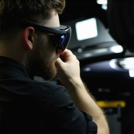 Technician wearing AR glasses performing transmission diagnostics