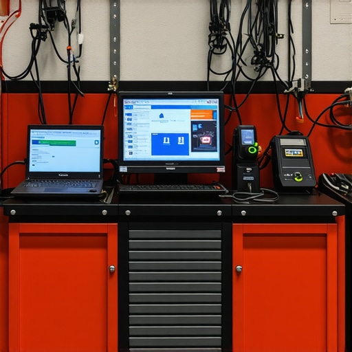 Modern auto repair shop with high-tech diagnostic tools and screens