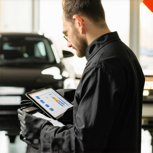 Technicians using advanced diagnostic tools on hybrid vehicle high-voltage systems