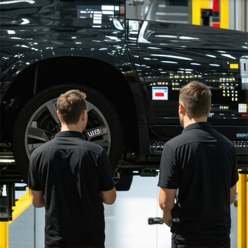 Automotive technician using AI diagnostic device on a transmission system