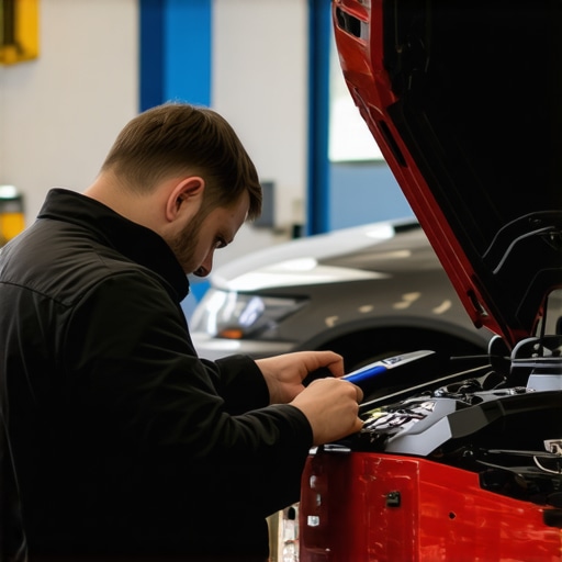 Technicians using diagnostic tools on a modern vehicle in a repair shop