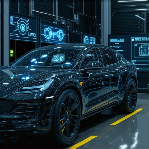 Technicians using AR headsets and holographic digital twin models for vehicle repair