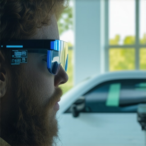 Technician using AR glasses to view vehicle diagnostic data