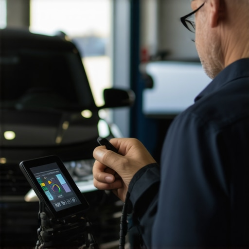 Technicians using digital diagnostic tools in a modern auto repair shop.