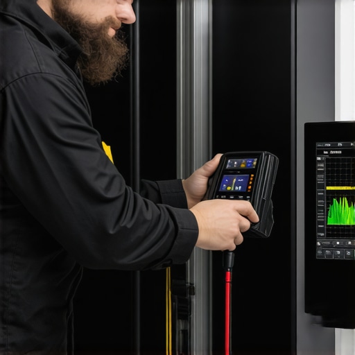 Technician analyzing high-voltage transmission system with diagnostic tools