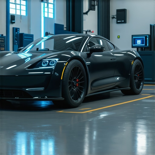 High-tech auto repair shop showcasing AI diagnostic tools and connected vehicles