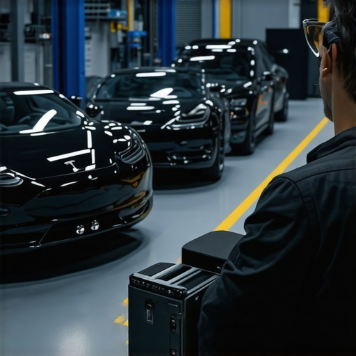 Auto technician using AR glasses for vehicle diagnostics in a modern repair shop