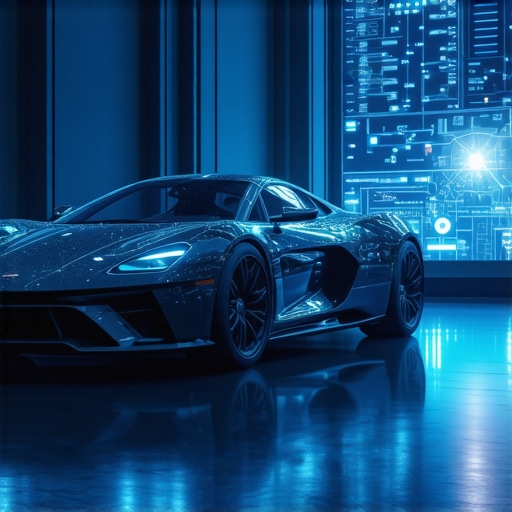 High-tech automotive diagnostic laboratory with holographic displays and quantum computing equipment