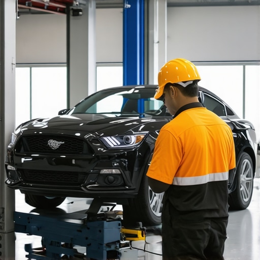 Technician using diagnostic tools to analyze vehicle network protocols in a repair shop