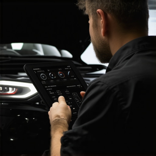 Modern transmission diagnostic tools in auto repair Technicians using advanced diagnostic equipment to analyze transmission sensor data