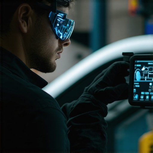 Next-Gen Vehicle Diagnostics with AR Technology Technician using AR glasses during vehicle diagnostics.