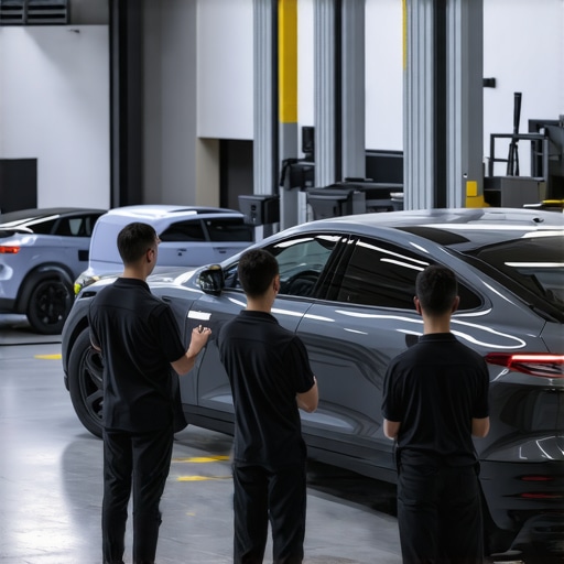 Automotive technicians utilizing advanced AI and IoT diagnostic systems in a modern workshop.