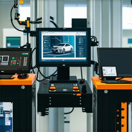 Automotive technician using AR glasses with diagnostic data overlays in a modern repair shop
