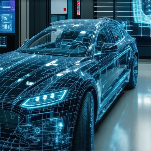 High-tech automotive repair shop featuring digital twin simulations and AI tools