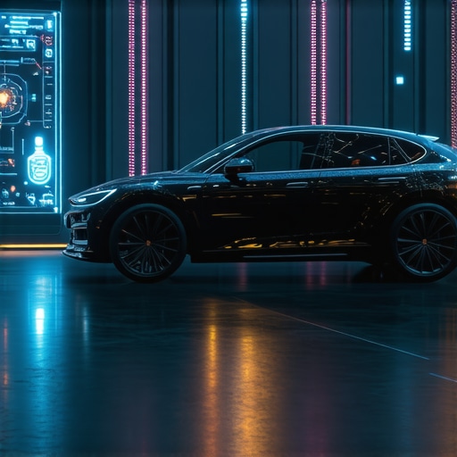 Quantum Computing in Automotive Diagnostics High-tech automotive diagnostics lab featuring quantum computers and AI tools