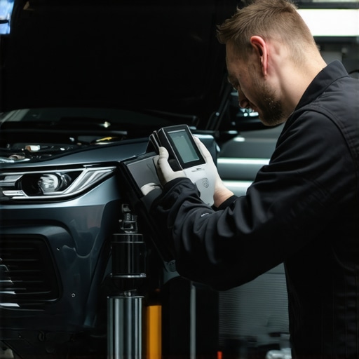 Auto technician performing diagnostics with electronic tools on a vehicle.