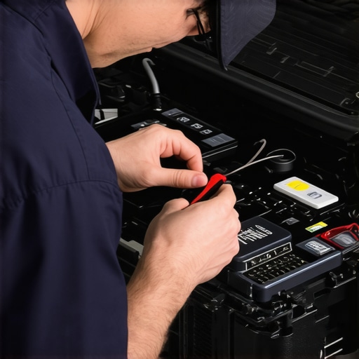 Technician calibrating a vehicle's transmission control unit using advanced diagnostic equipment.