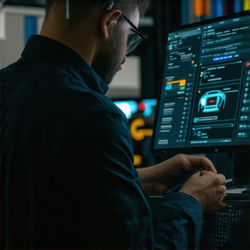 Technician using advanced diagnostic tools analyzing vehicle sensor data