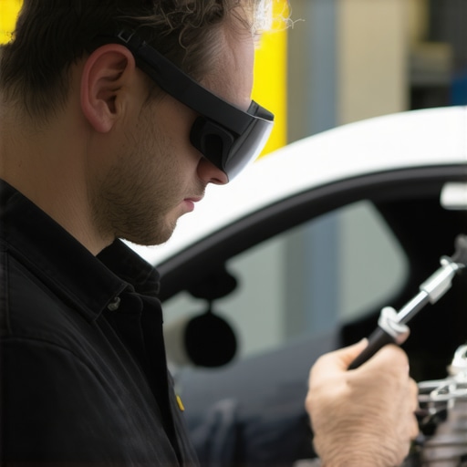 Technician using augmented reality glasses for transmission repair