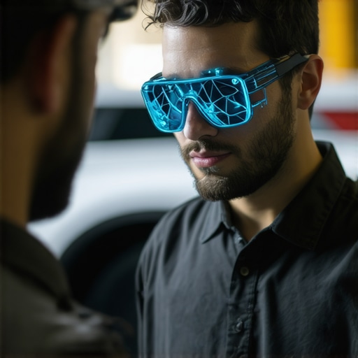 Technician using augmented reality glasses to visualize transmission faults in real-time