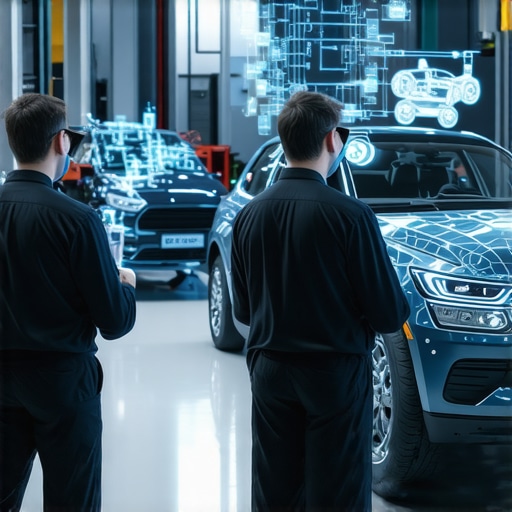 AR Diagnostics in Modern Auto Repair Technicians using augmented reality glasses to diagnose vehicle faults in a high-tech auto repair shop.