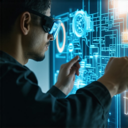 Technician using AR glasses diagnosing transmission faults with 3D overlays