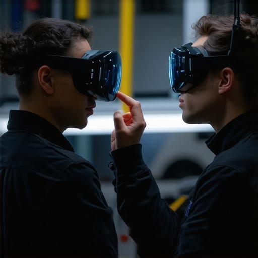 Technician with AR headset performing transmission diagnostics in a modern repair shop